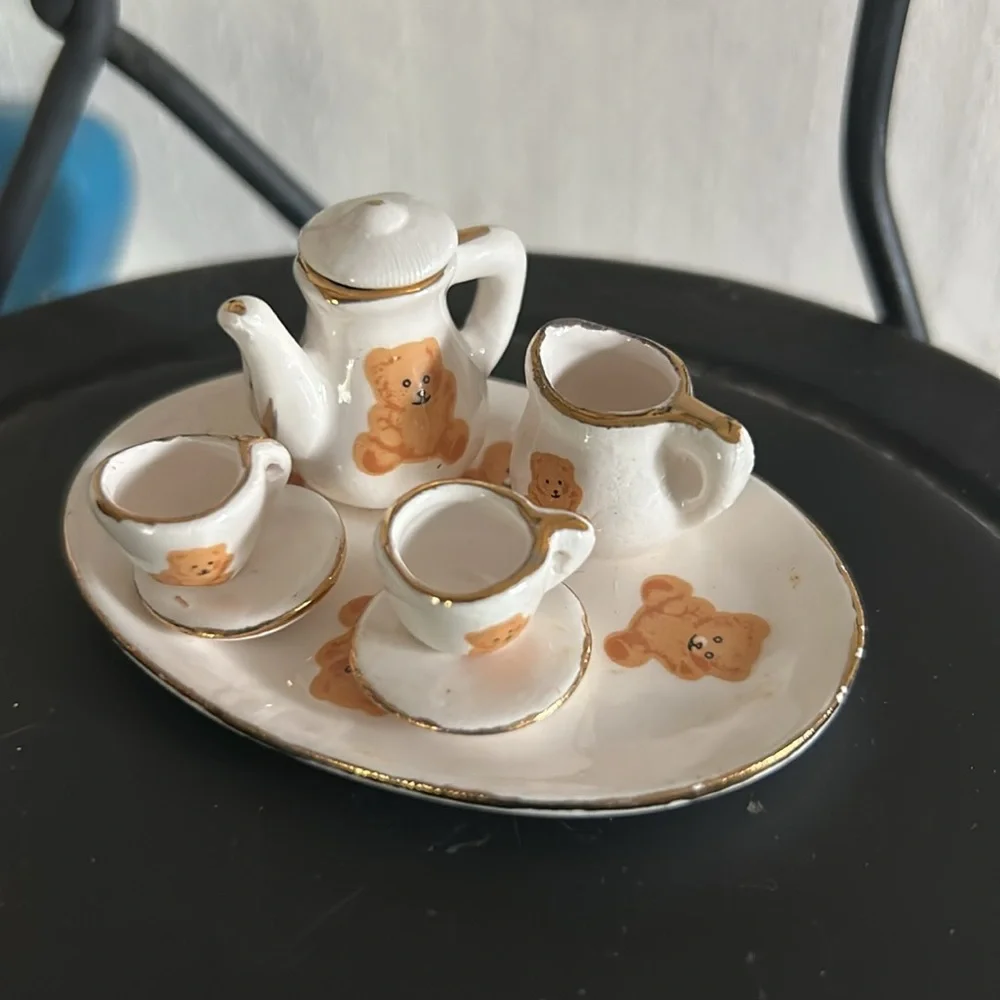 Vintage Porcelain Mini Teddy Bear Tea Set Dollhouse Miniatures